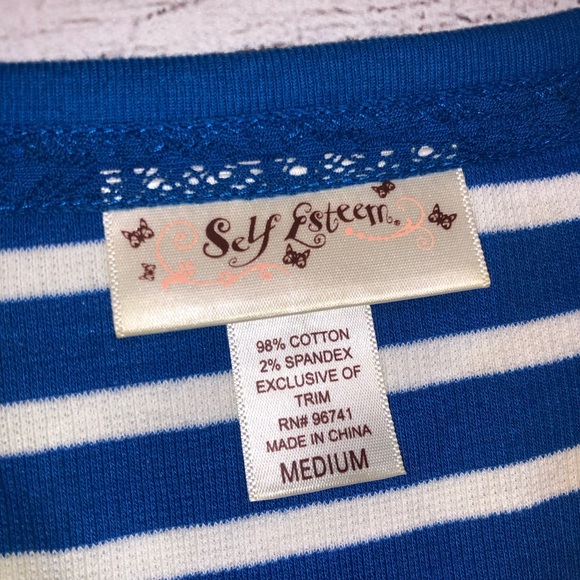 Original Self Esteem 🦋 Sticker on VTG Sz M Blue White Stripe Waffle Henley - Picture 6 of 9